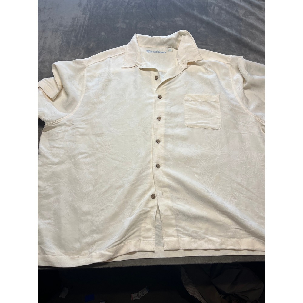 Caribbean 4XB Cream Tropical Palm Leaf Button Up Short Sleeve Shirt Mens